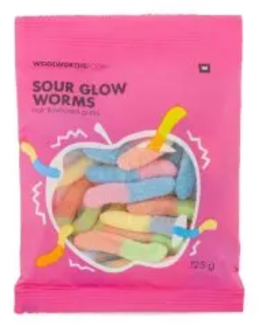 Woolworths Sour Glow Worms (125g) - Best Before: 28 Mar 2026